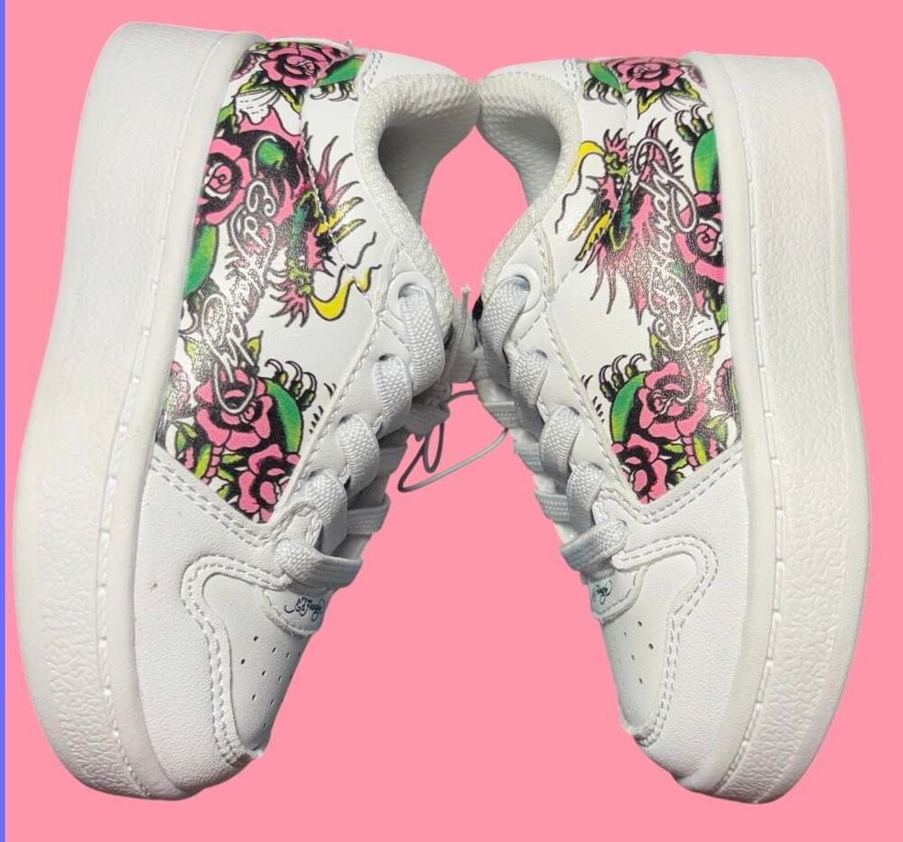 Ed Hardy Toddler Girl's White Court-T Dragon and Rose Print Sneakers, Size 5c